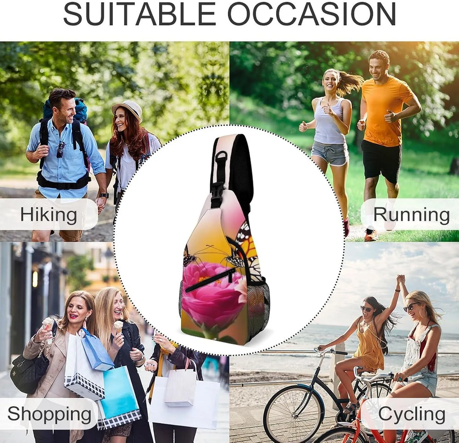 Sling Bag for Women Men Daypack Butterfly Kissing Flowers Chest Bag Crossbody Backpack for Hiking Travel