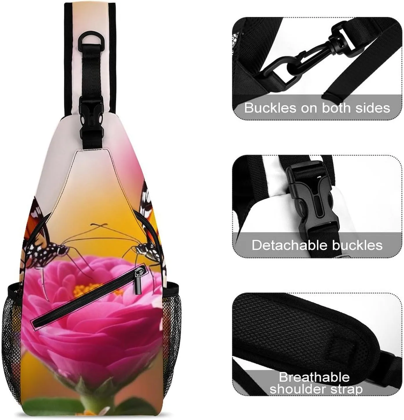 Sling Bag for Women Men Daypack Butterfly Kissing Flowers Chest Bag Crossbody Backpack for Hiking Travel