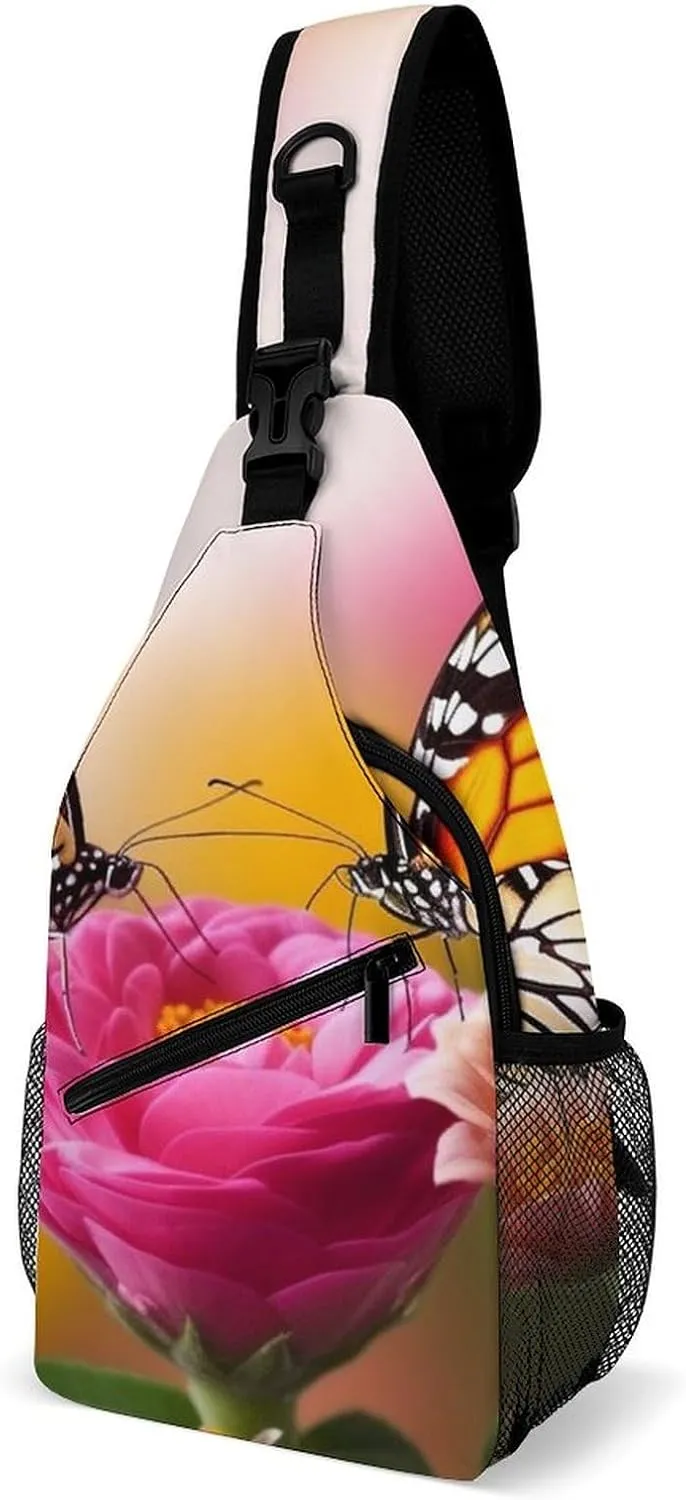 Sling Bag for Women Men Daypack Butterfly Kissing Flowers Chest Bag Crossbody Backpack for Hiking Travel