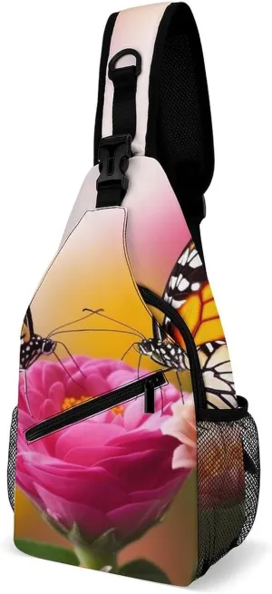 Sling Bag for Women Men Daypack Butterfly Kissing Flowers Chest Bag Crossbody Backpack for Hiking Travel