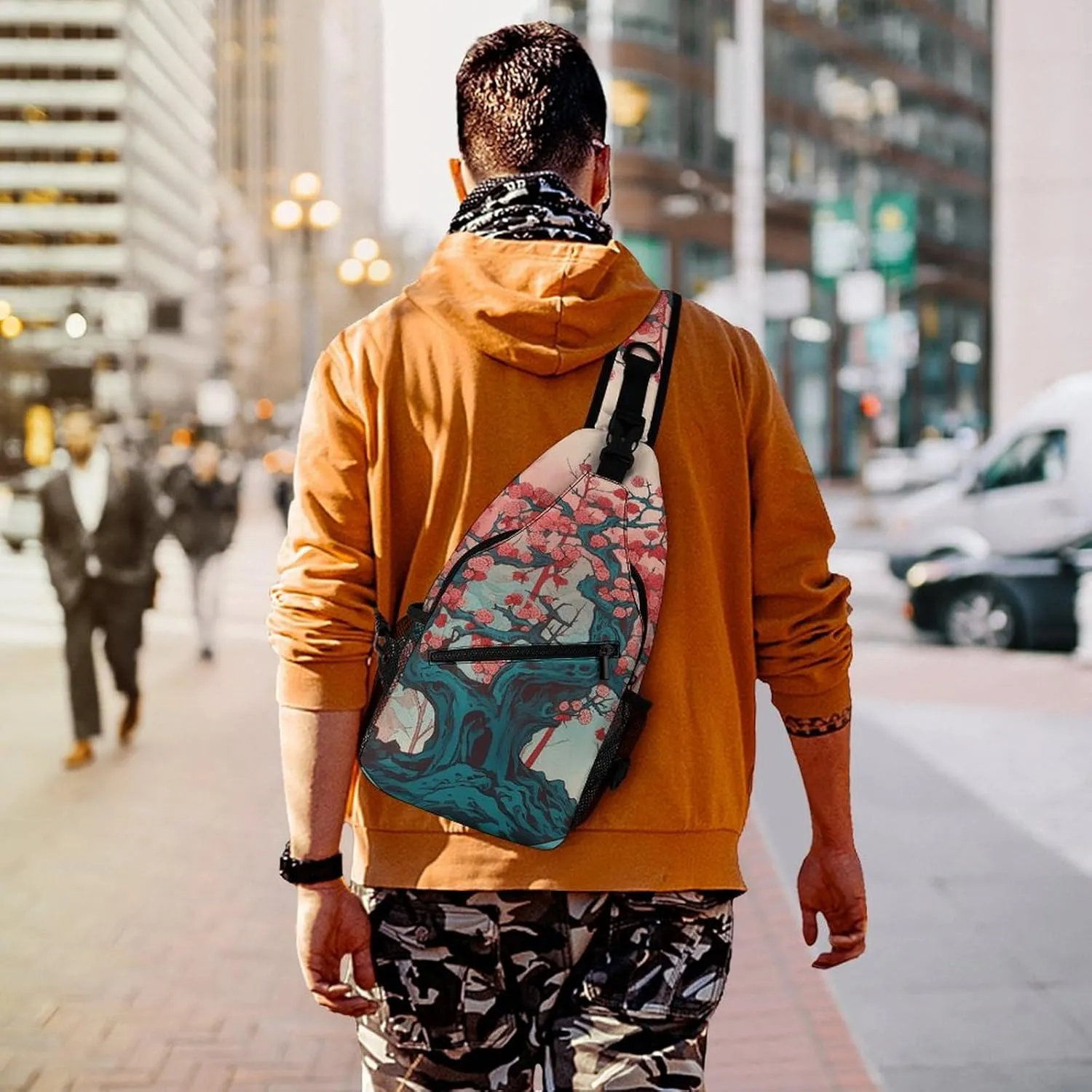 Sling Bag for Women Men Daypack Cherry Tree Pattern Chest Bag Crossbody Backpack for Hiking Travel