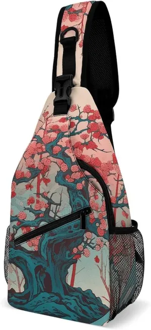 Sling Bag for Women Men Daypack Cherry Tree Pattern Chest Bag Crossbody Backpack for Hiking Travel