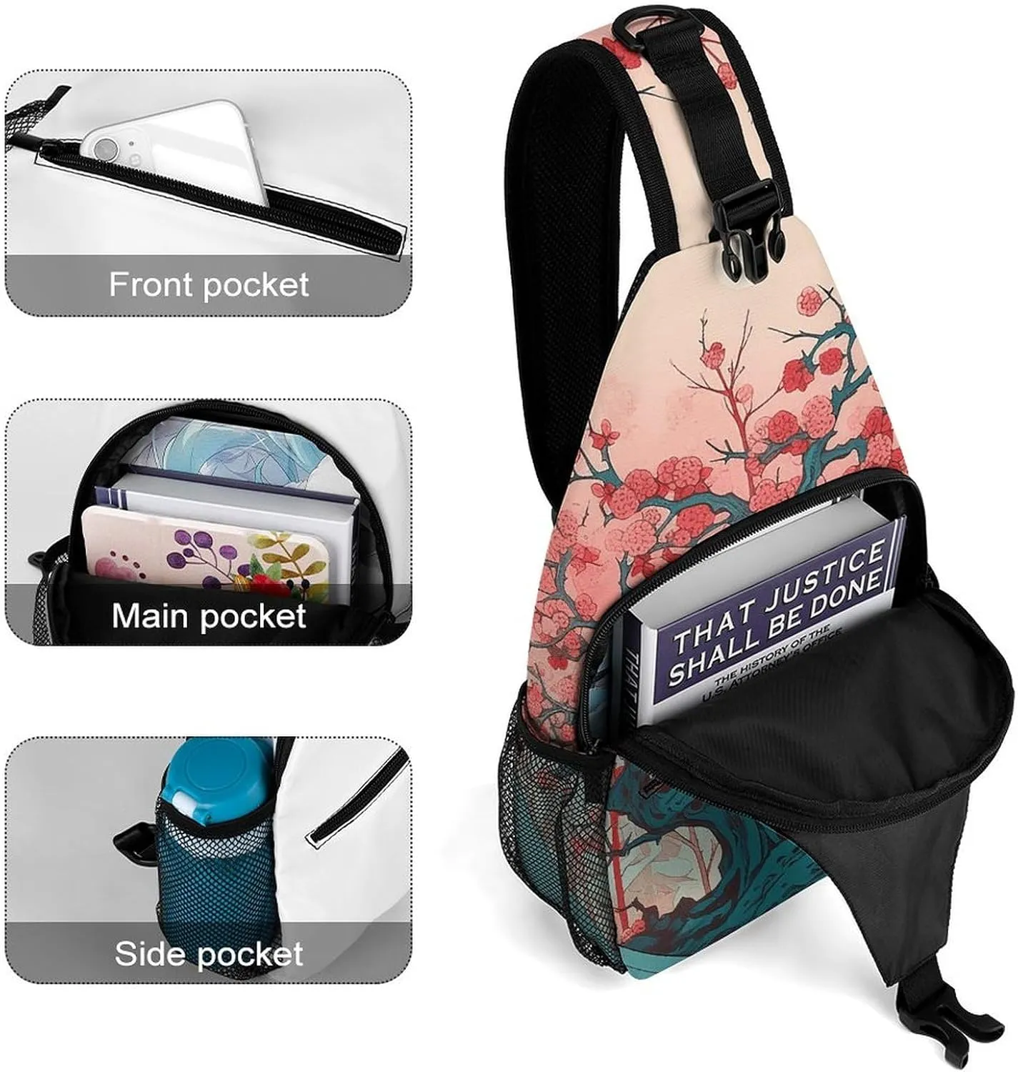 Sling Bag for Women Men Daypack Cherry Tree Pattern Chest Bag Crossbody Backpack for Hiking Travel