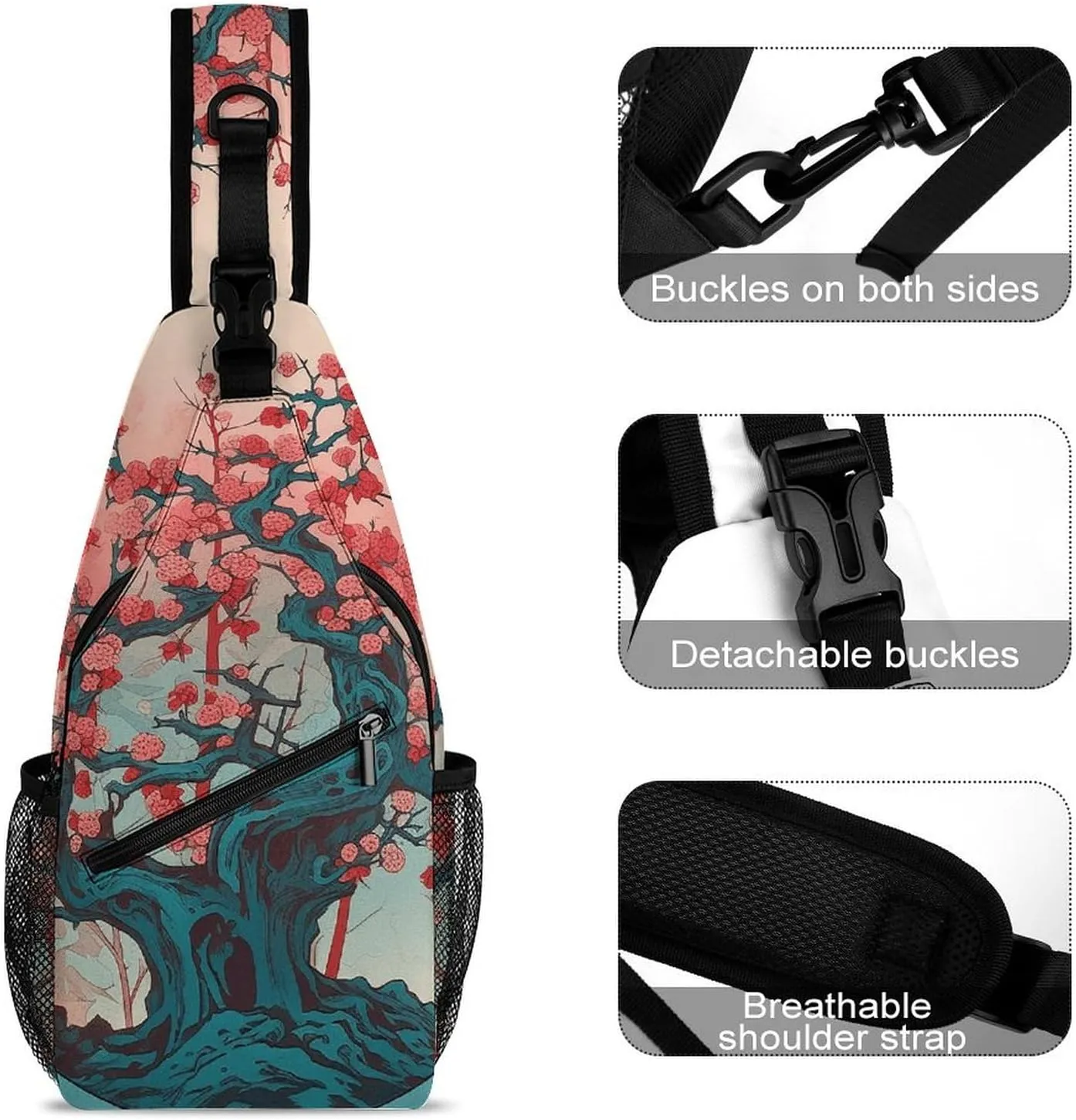 Sling Bag for Women Men Daypack Cherry Tree Pattern Chest Bag Crossbody Backpack for Hiking Travel