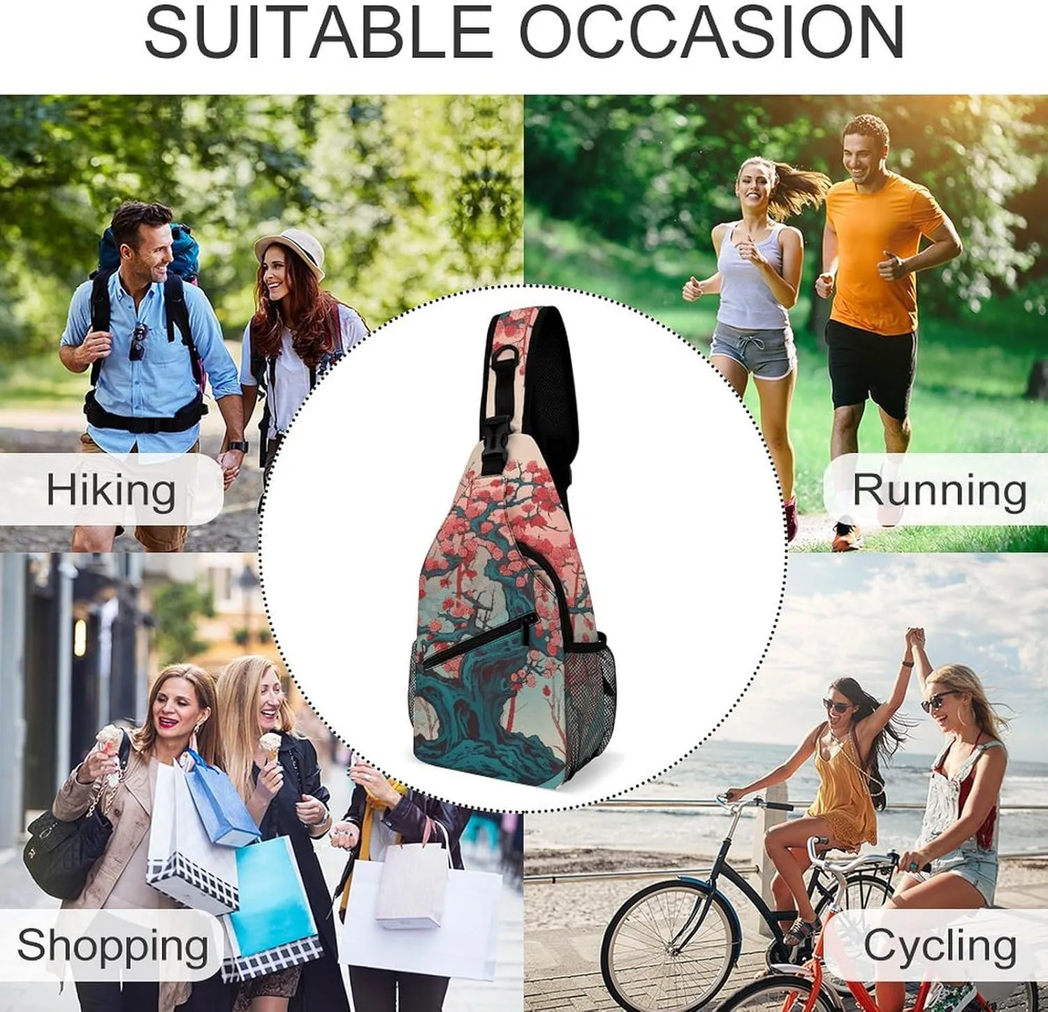 Sling Bag for Women Men Daypack Cherry Tree Pattern Chest Bag Crossbody Backpack for Hiking Travel