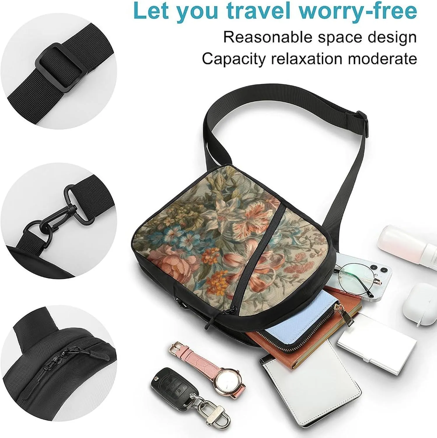 Sling Bag for Women Men Daypack Decorative Flowers Chest Bag Crossbody Backpack for Hiking Travel