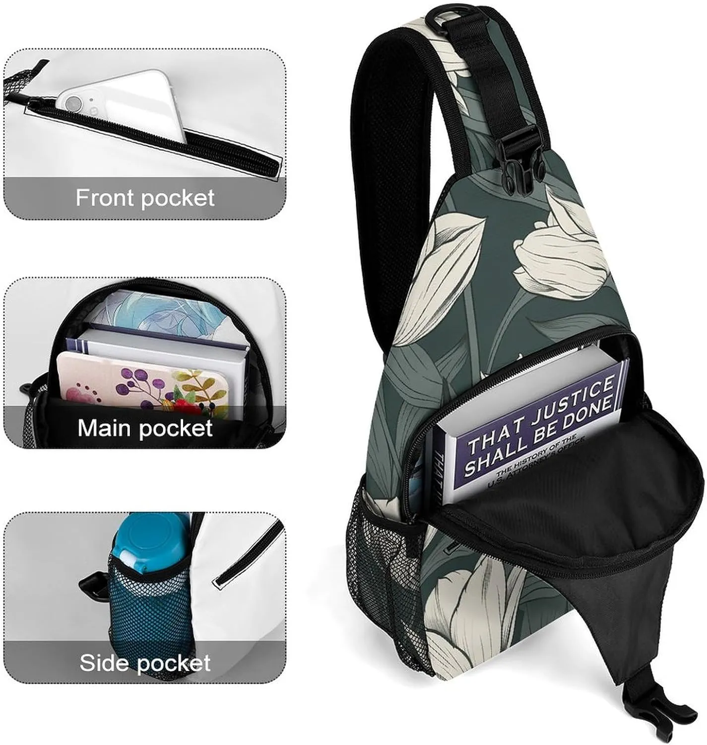 Sling Bag for Women Men Daypack Hand Drawn Flower Pattern Chest Bag Crossbody Backpack for Hiking Travel