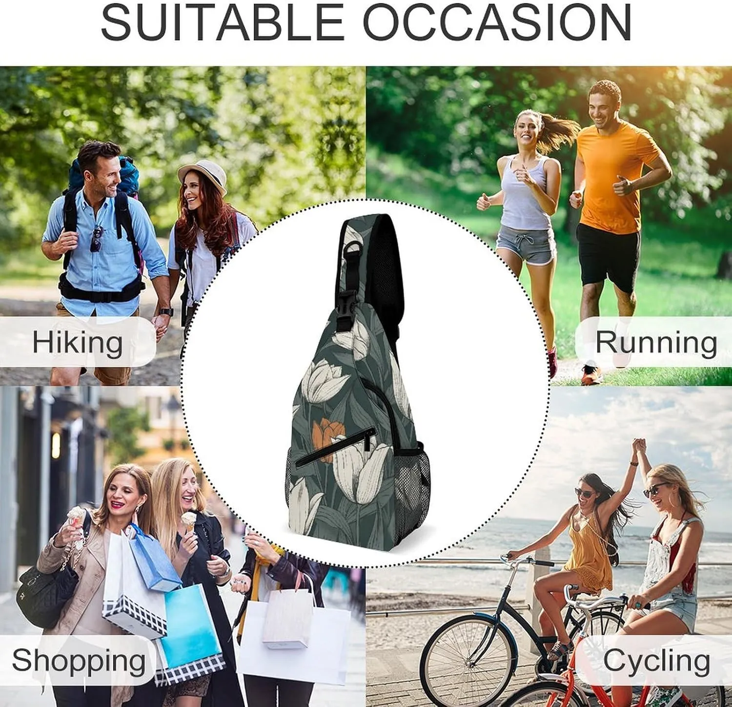 Sling Bag for Women Men Daypack Hand Drawn Flower Pattern Chest Bag Crossbody Backpack for Hiking Travel