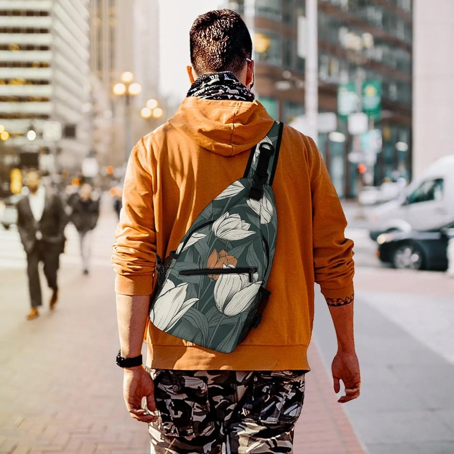Sling Bag for Women Men Daypack Hand Drawn Flower Pattern Chest Bag Crossbody Backpack for Hiking Travel