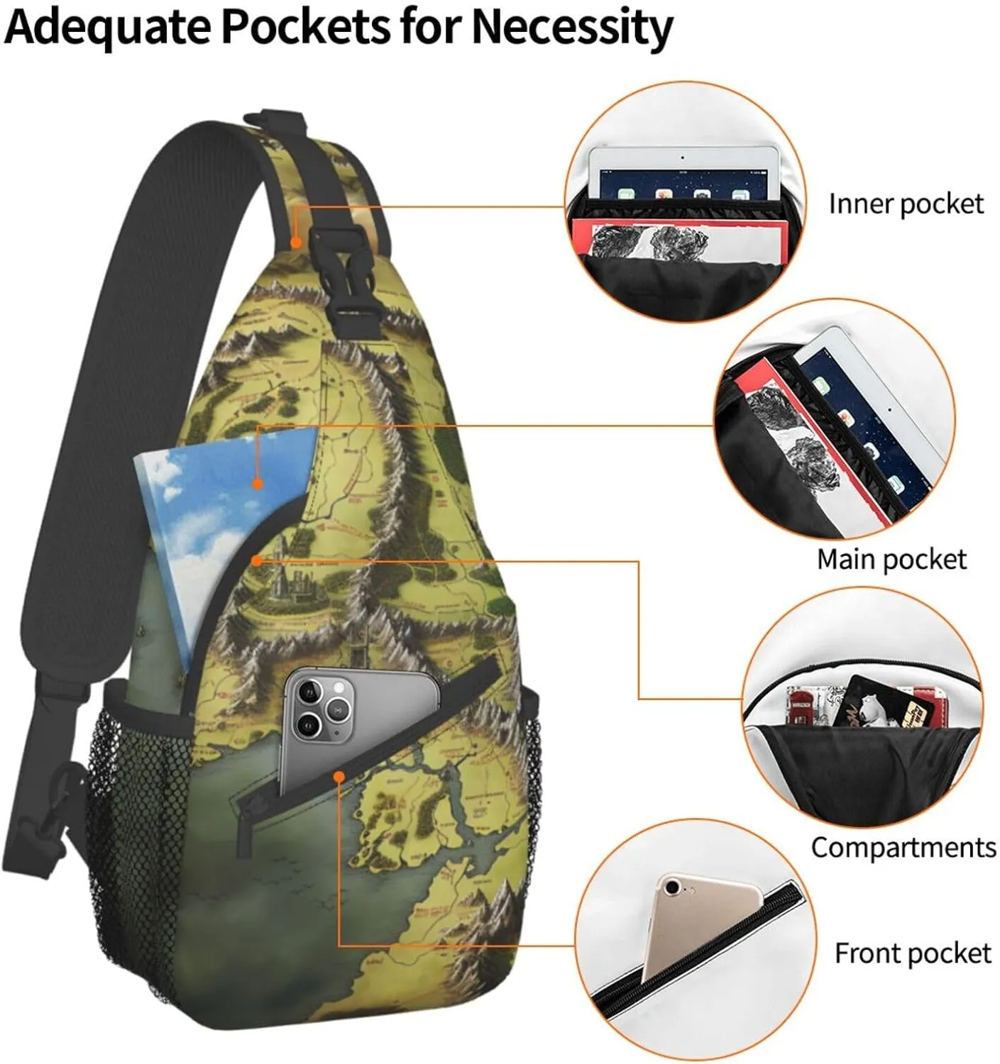 Sling Bag for Women Men Middle Earth Map Cross Chest Bag Diagonally Casual Fashion Travel Hiking Daypack