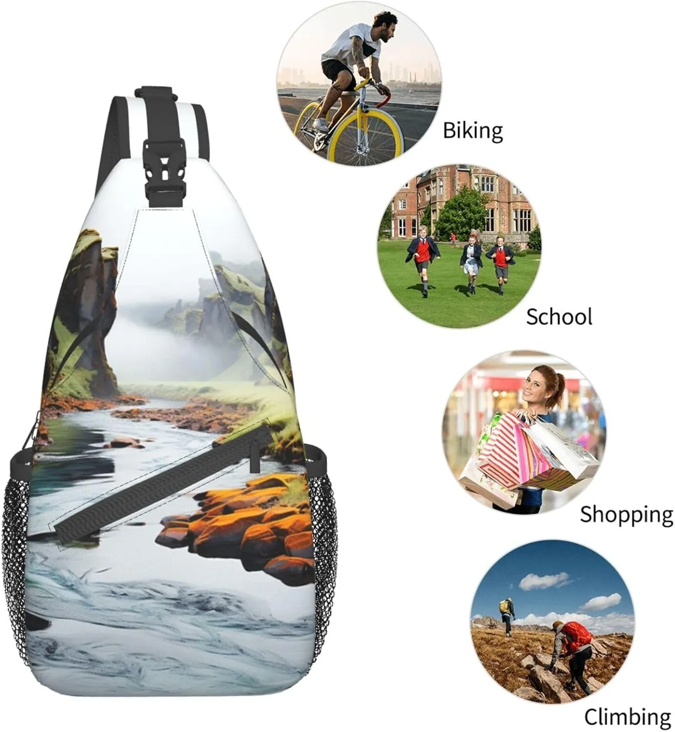 Sling Bag for Women Men Multicolor Nature Valley Rivers Cross Chest Bag Diagonally Casual Fashion Travel Hiking Daypack