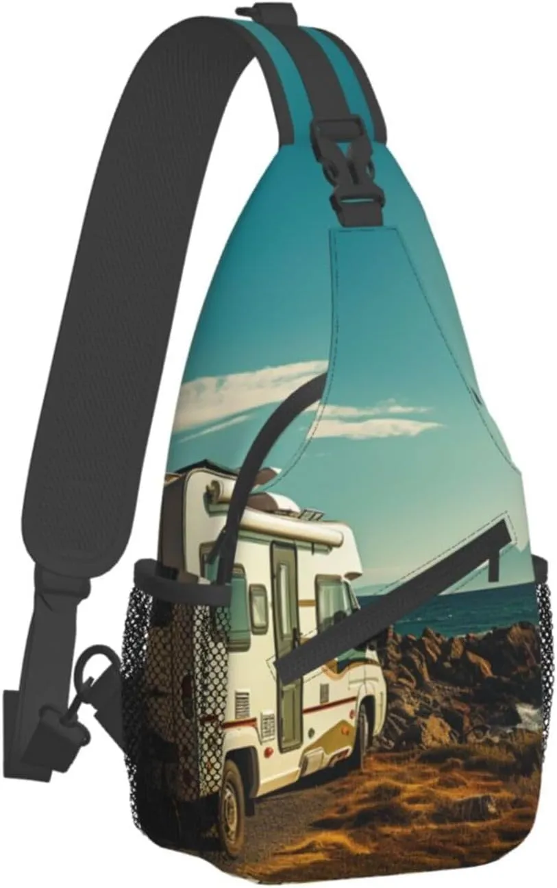 Sling Bag for Women Men Recreational vehicle on sea coast Cross Chest Bag Diagonally Casual Fashion Travel Hiking Daypack
