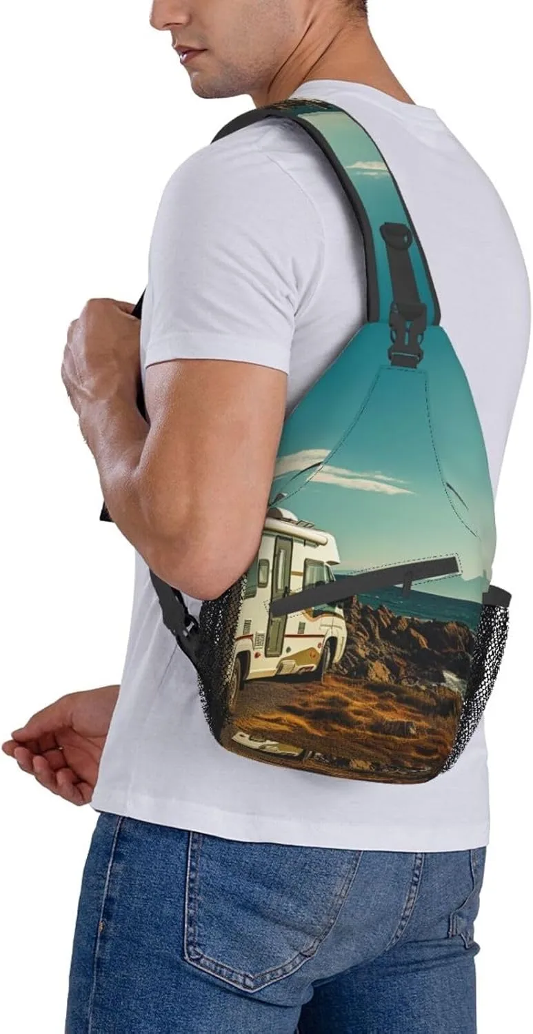 Sling Bag for Women Men Recreational vehicle on sea coast Cross Chest Bag Diagonally Casual Fashion Travel Hiking Daypack