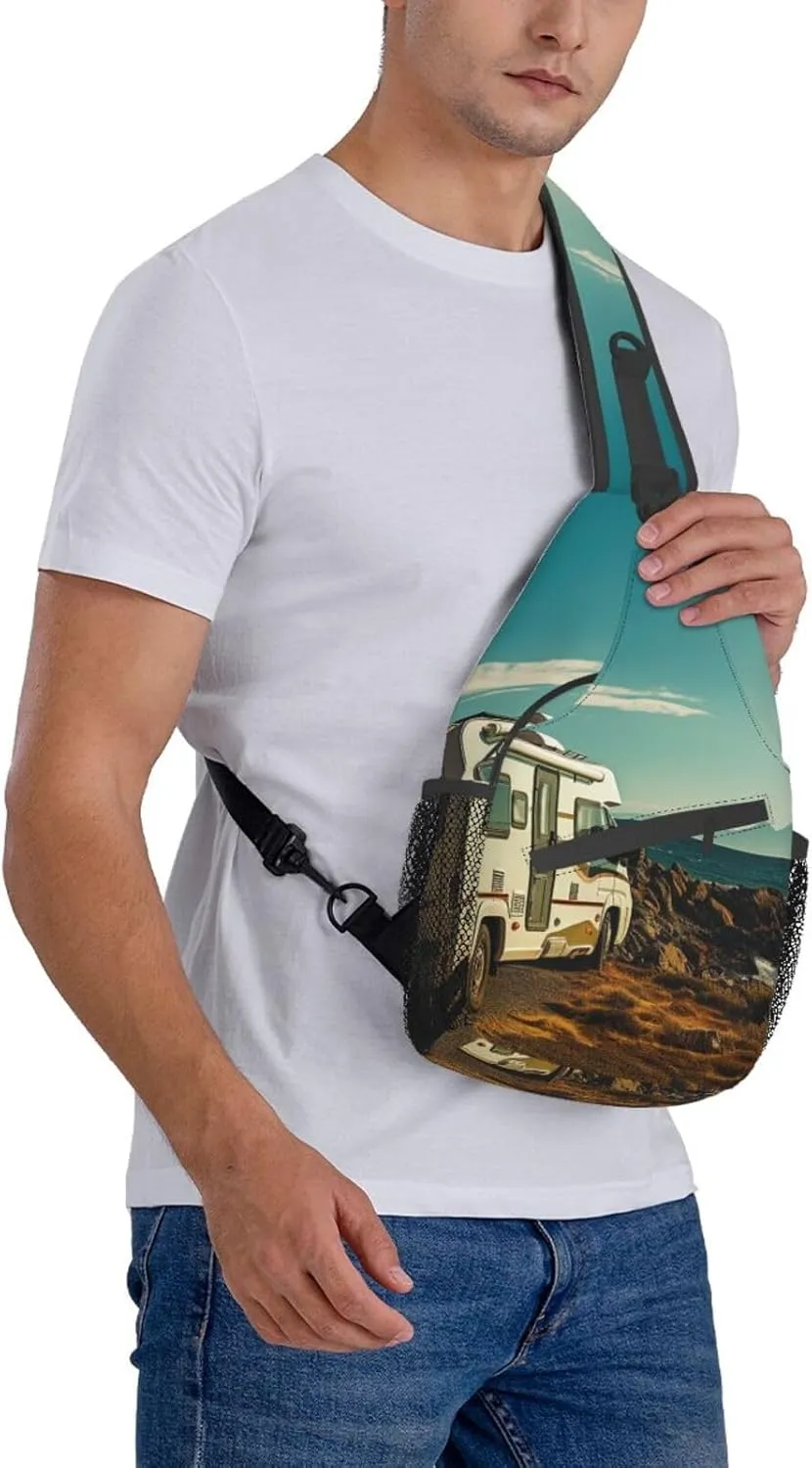 Sling Bag for Women Men Recreational vehicle on sea coast Cross Chest Bag Diagonally Casual Fashion Travel Hiking Daypack