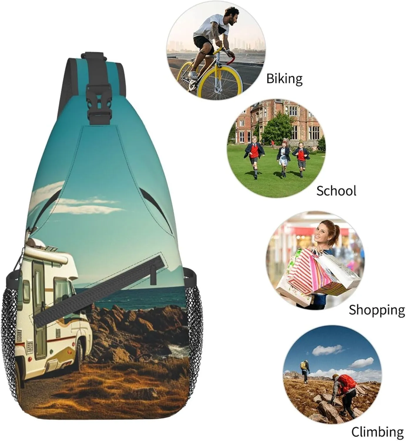 Sling Bag for Women Men Recreational vehicle on sea coast Cross Chest Bag Diagonally Casual Fashion Travel Hiking Daypack