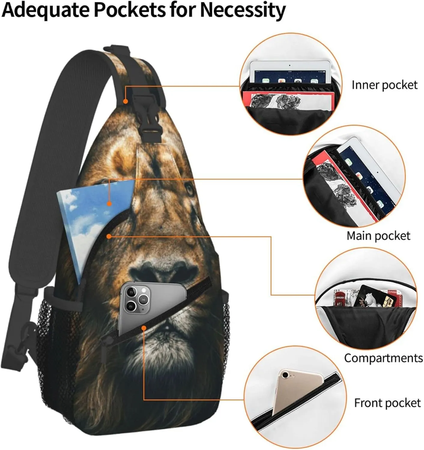 Sling Bag Lion Print Crossbody Chest Backpack for Men and Women, Lightweight 3D Animal Design Crossbody Backpack Travel Hiking Gym Daypack Shoulder Bag for Cycling