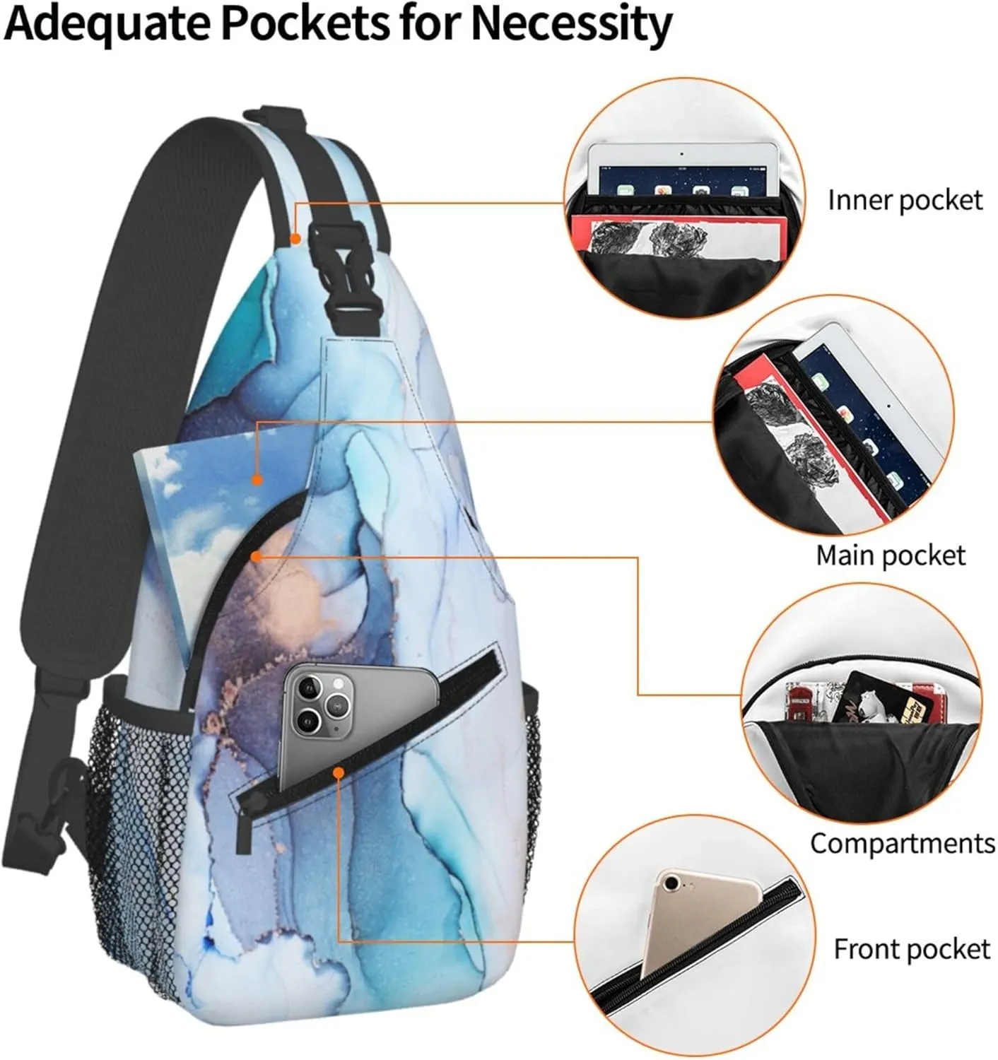 Sling Bag Marble Print Crossbody Chest Backpack for Men and Women Lightweight Travel Hiking Gym Daypack Shoulder Bag for Cycling
