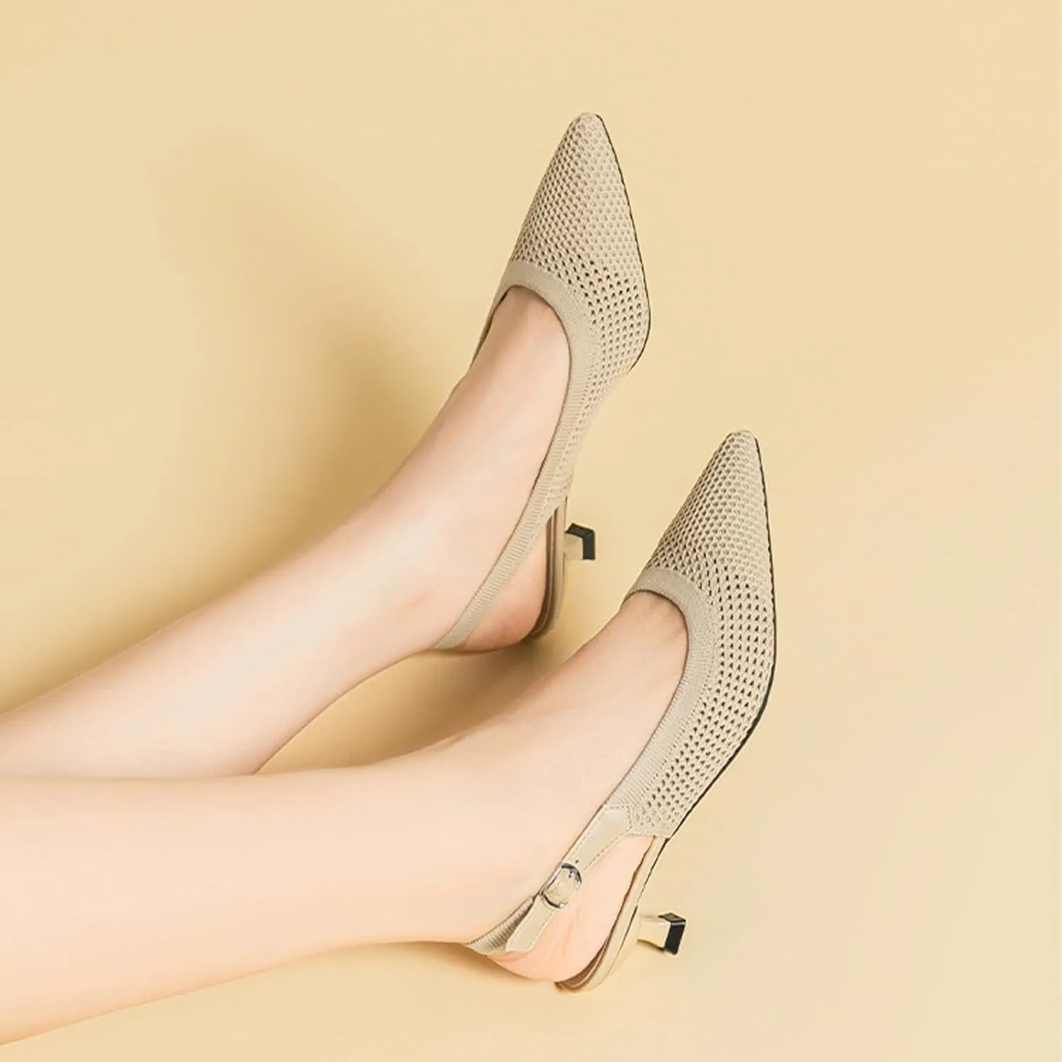 Slingback for Women's Closed Pointed Toe Kitten Heels with Ankle Strap Knitted Dress Pumps Knit Heels For Women