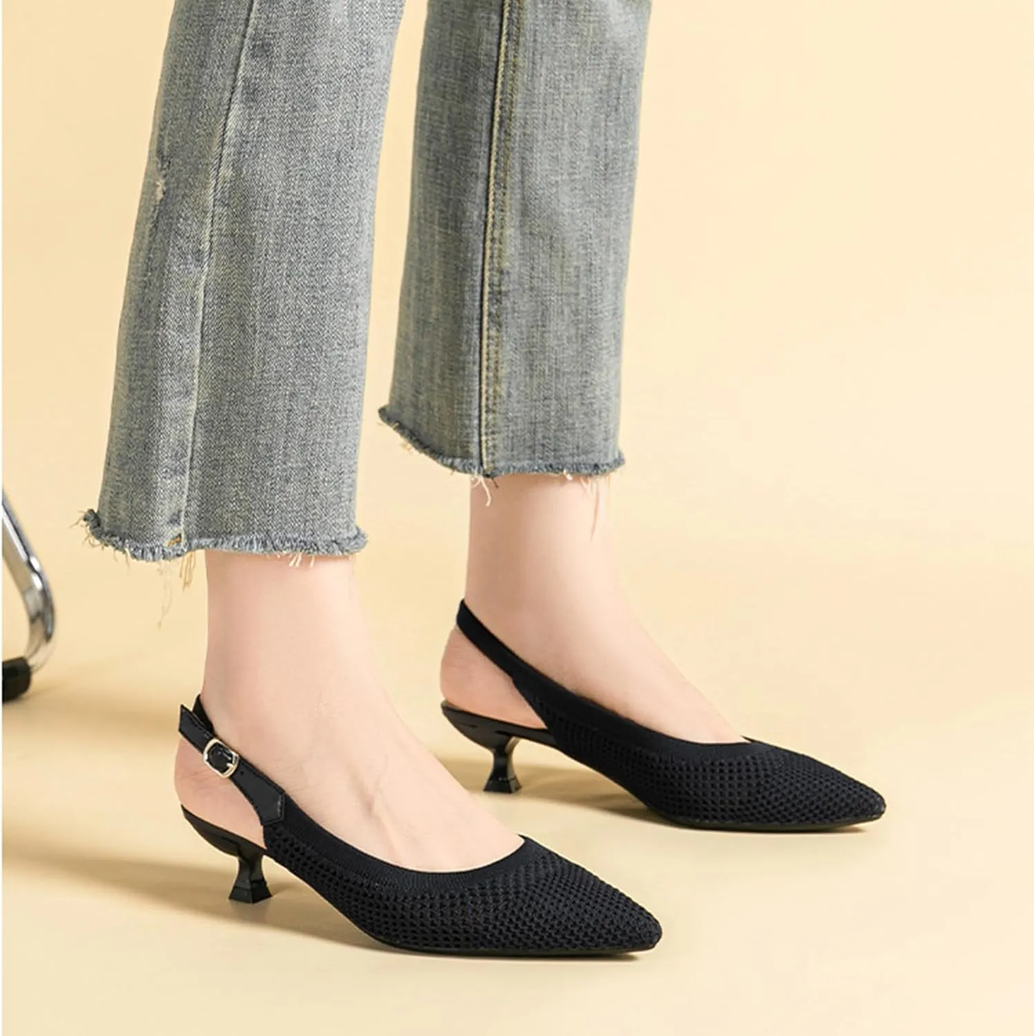 Slingback for Women's Closed Pointed Toe Kitten Heels with Ankle Strap Knitted Dress Pumps Knit Heels For Women