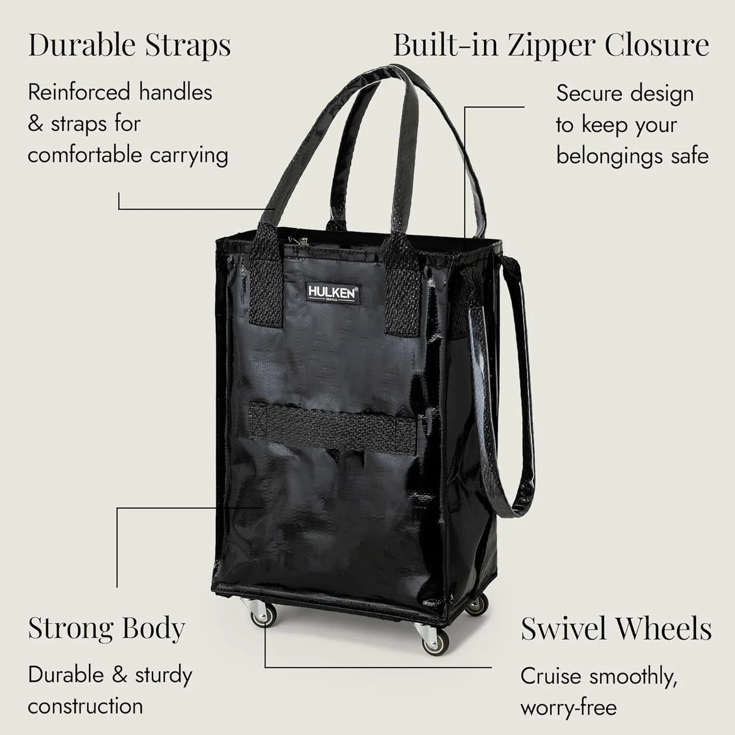(Small, Black) Reusable Grocery Bag On Wheels, Shopping Trolley, Rolling Tote, Zipper Closure, Lightweight, Carries Up to 66 lb, Folds Flat