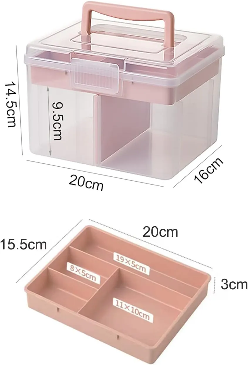 Small Portable Plastic Storage Box for Beauty Ornaments Hair Nail Accessories, Cosmetic Case with Handle & Removable Tray & a Divider, Sewing Box Organizer, Kids Art Box (Clear & Pink)