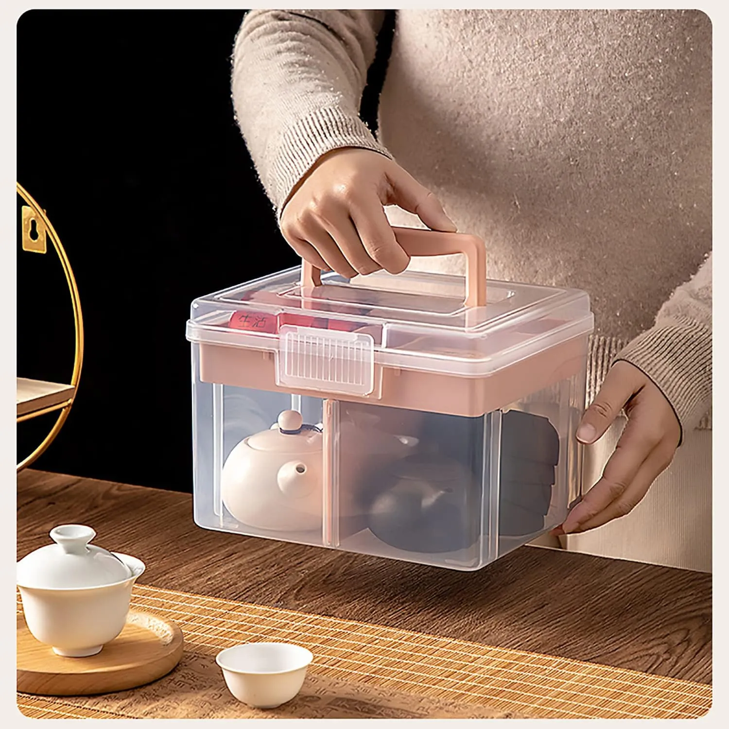 Small Portable Plastic Storage Box for Beauty Ornaments Hair Nail Accessories, Cosmetic Case with Handle & Removable Tray & a Divider, Sewing Box Organizer, Kids Art Box (Clear & Pink)