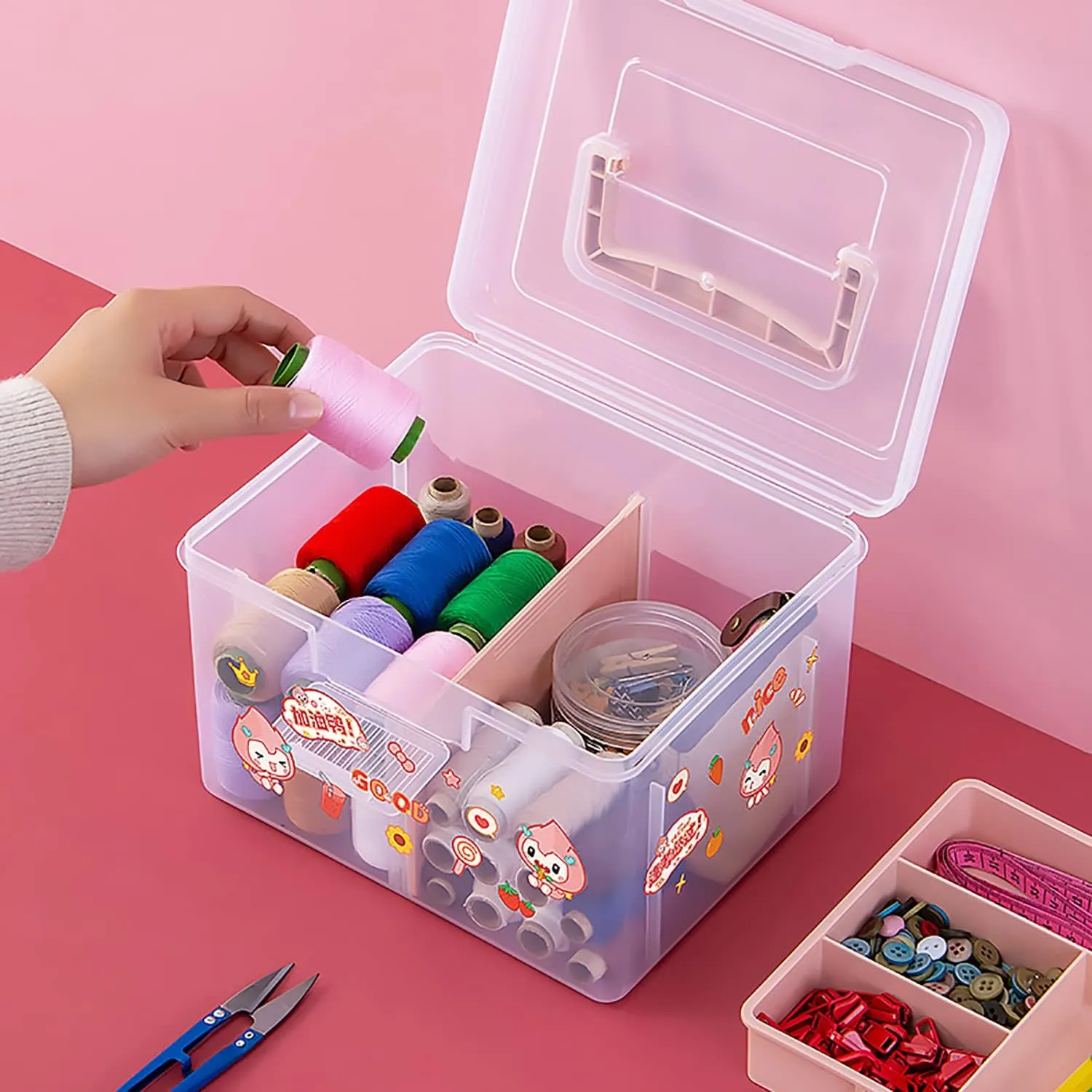 Small Portable Plastic Storage Box for Beauty Ornaments Hair Nail Accessories, Cosmetic Case with Handle & Removable Tray & a Divider, Sewing Box Organizer, Kids Art Box (Clear & Pink)