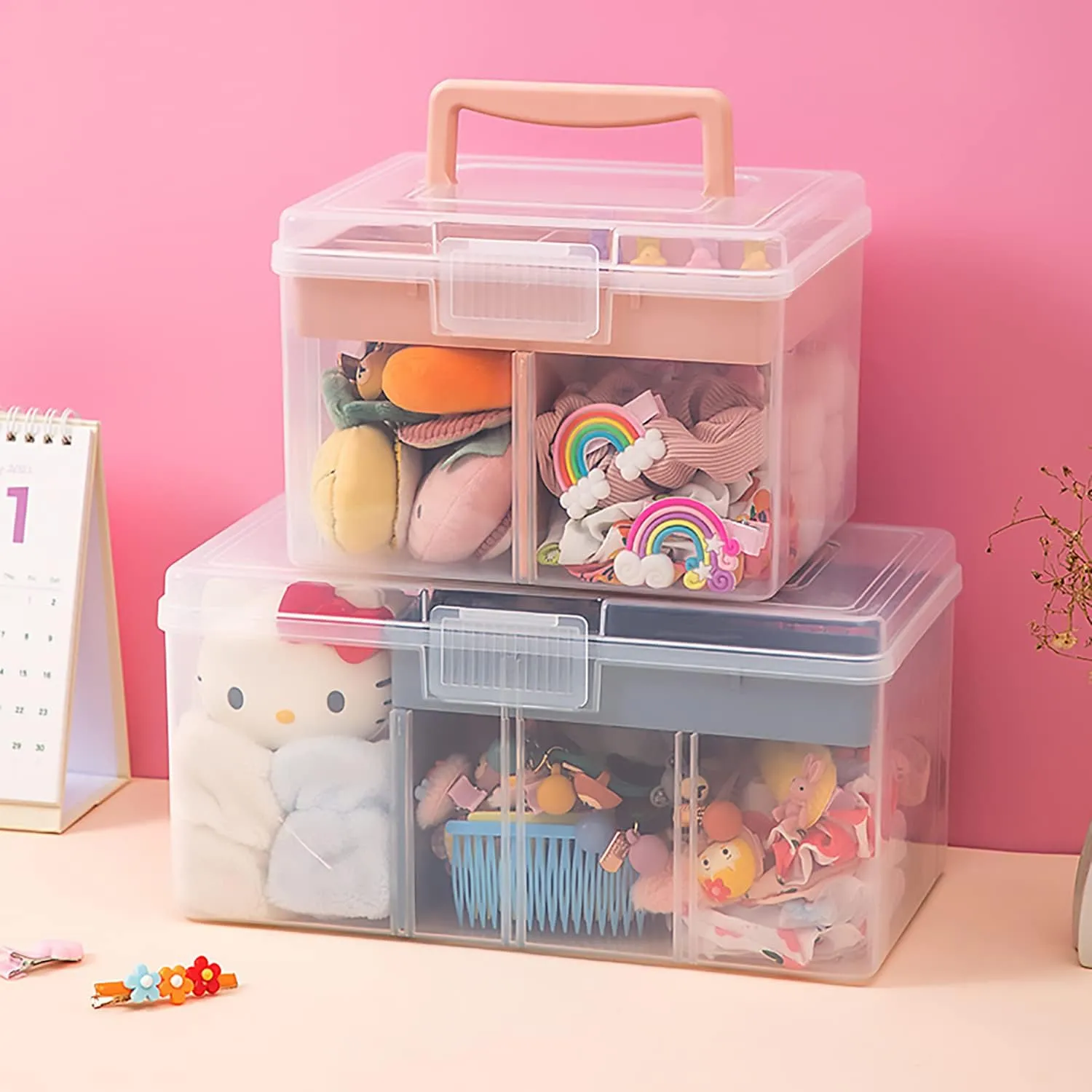 Small Portable Plastic Storage Box for Beauty Ornaments Hair Nail Accessories, Cosmetic Case with Handle & Removable Tray & a Divider, Sewing Box Organizer, Kids Art Box (Clear & Pink)