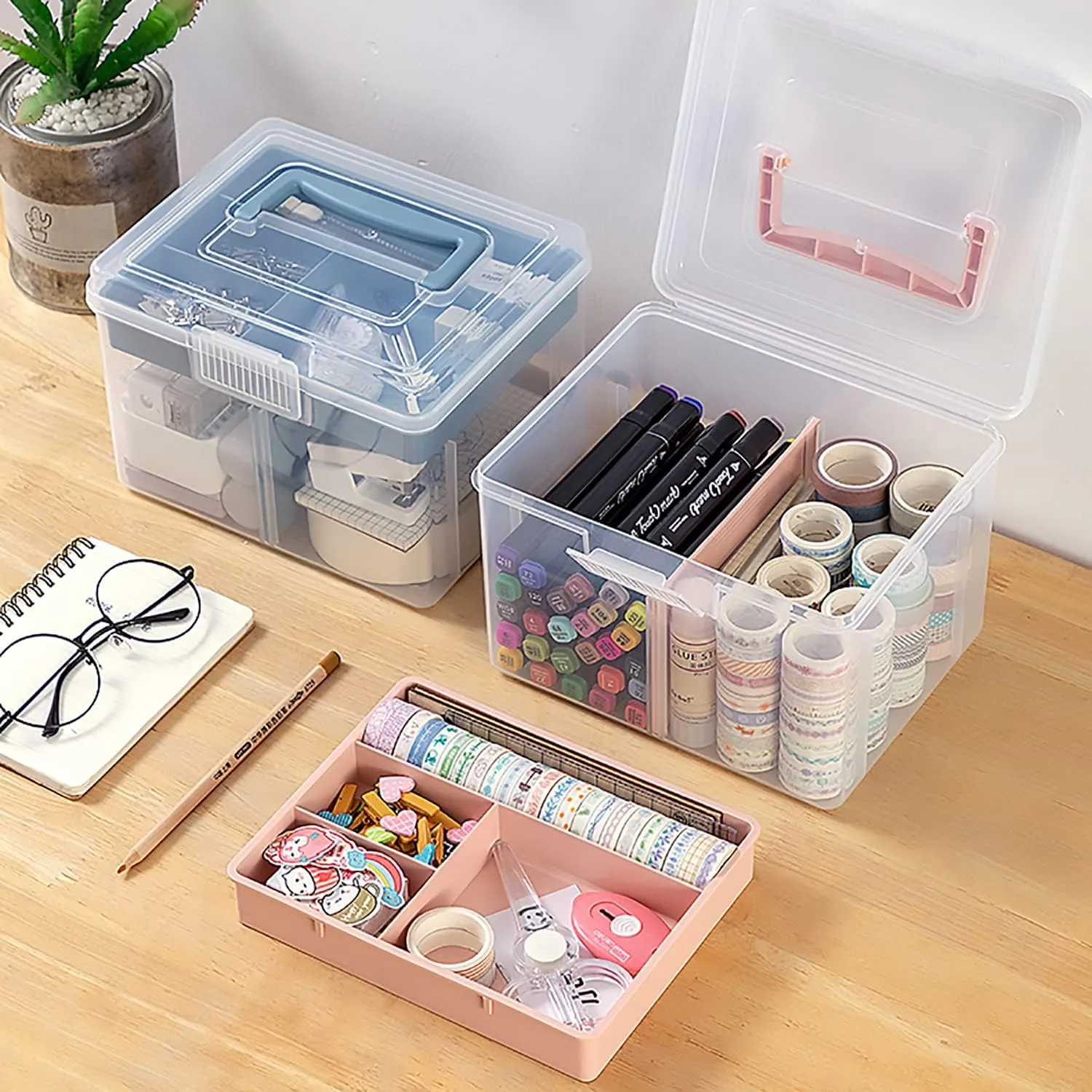 Small Portable Plastic Storage Box for Beauty Ornaments Hair Nail Accessories, Cosmetic Case with Handle & Removable Tray & a Divider, Sewing Box Organizer, Kids Art Box (Clear & Pink)