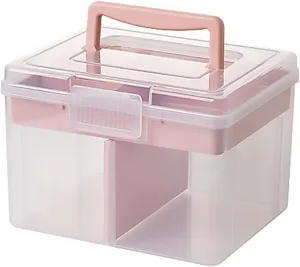 Small Portable Plastic Storage Box for Beauty Ornaments Hair Nail Accessories, Cosmetic Case with Handle & Removable Tray & a Divider, Sewing Box Organizer, Kids Art Box (Clear & Pink)