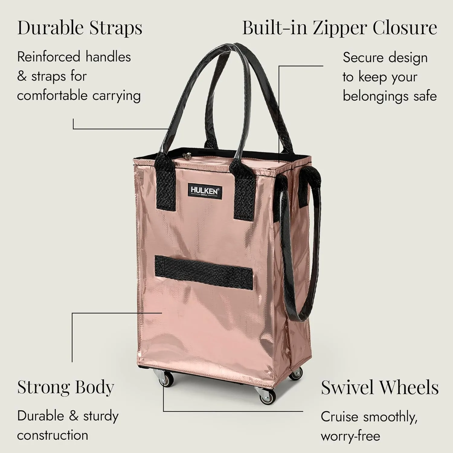 (Small, Rose Gold) Reusable Grocery Bag On Wheels, Shopping Trolley, Rolling Tote, Zipper Closure, Lightweight, Carries Up to 66 lb, Folds Flat