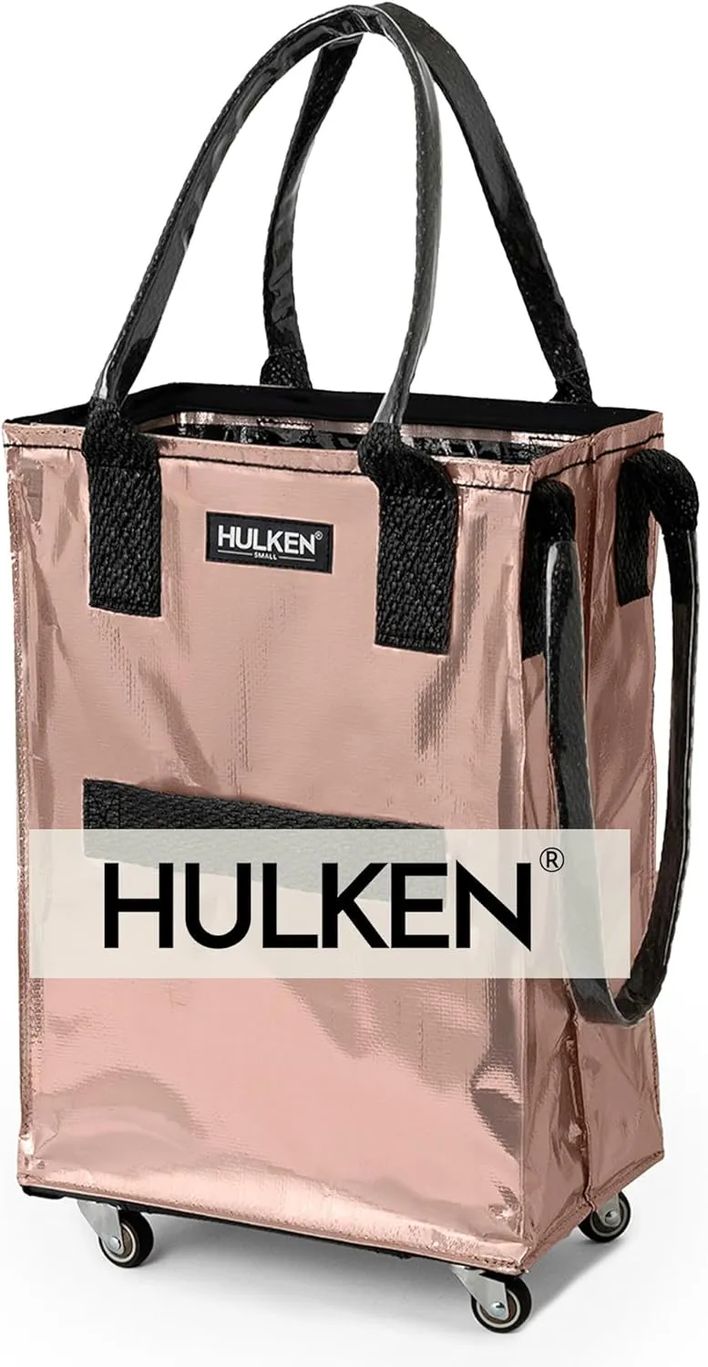 (Small, Rose Gold) Reusable Grocery Bag On Wheels, Shopping Trolley, Rolling Tote, Zipper Closure, Lightweight, Carries Up to 66 lb, Folds Flat