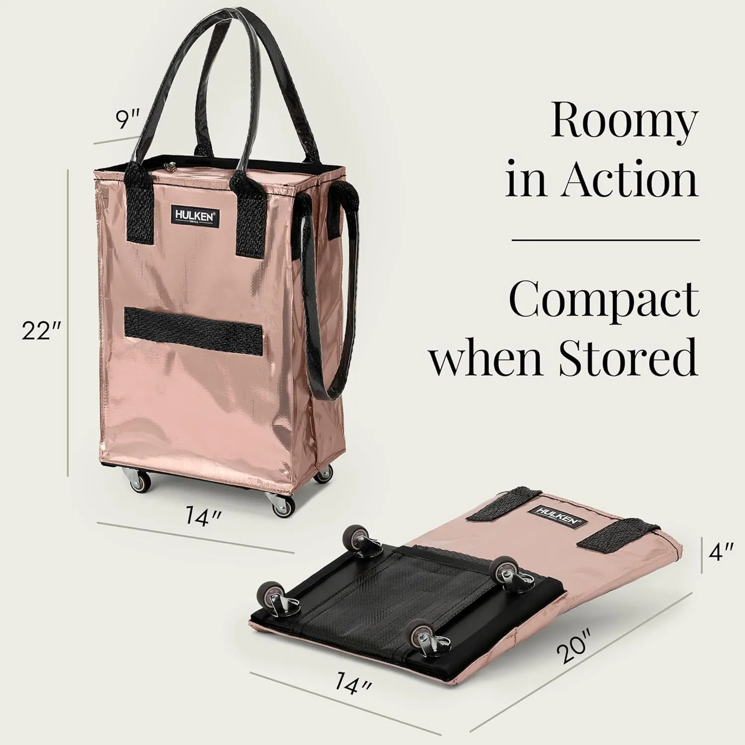(Small, Rose Gold) Reusable Grocery Bag On Wheels, Shopping Trolley, Rolling Tote, Zipper Closure, Lightweight, Carries Up to 66 lb, Folds Flat