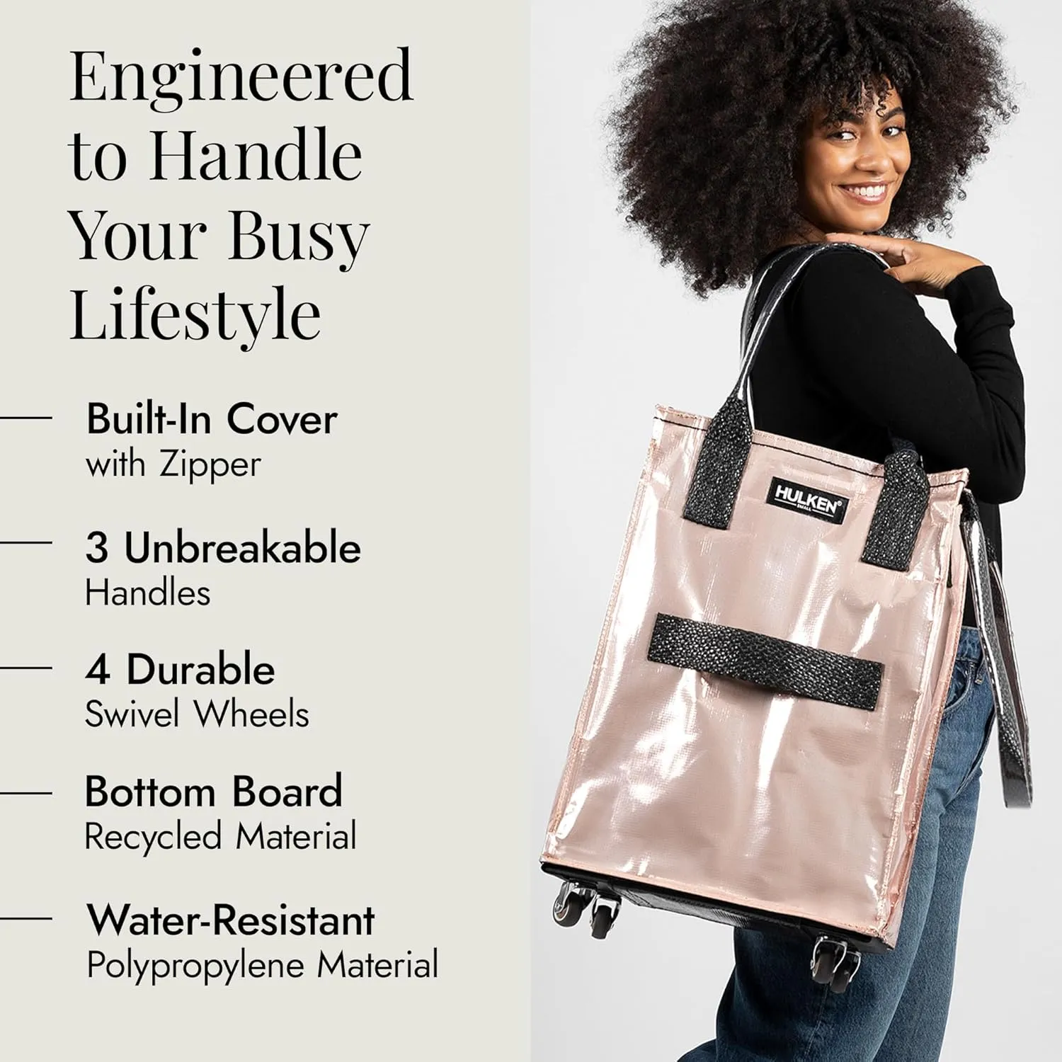(Small, Rose Gold) Reusable Grocery Bag On Wheels, Shopping Trolley, Rolling Tote, Zipper Closure, Lightweight, Carries Up to 66 lb, Folds Flat