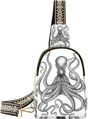Small Sling Bag Black White Octopus Crossbody Bag PU Leather Sling Purse for Women