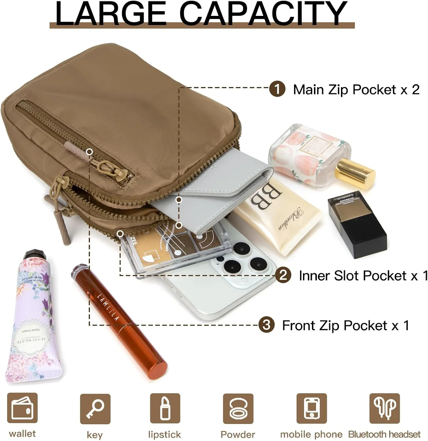 Small Sling Bag for Women Men 3 Pockets Lightweight Crossbody Bag Fanny Pack Two-Zipper Sling Backpack for Traveling Running Hiking (Dark Brown)