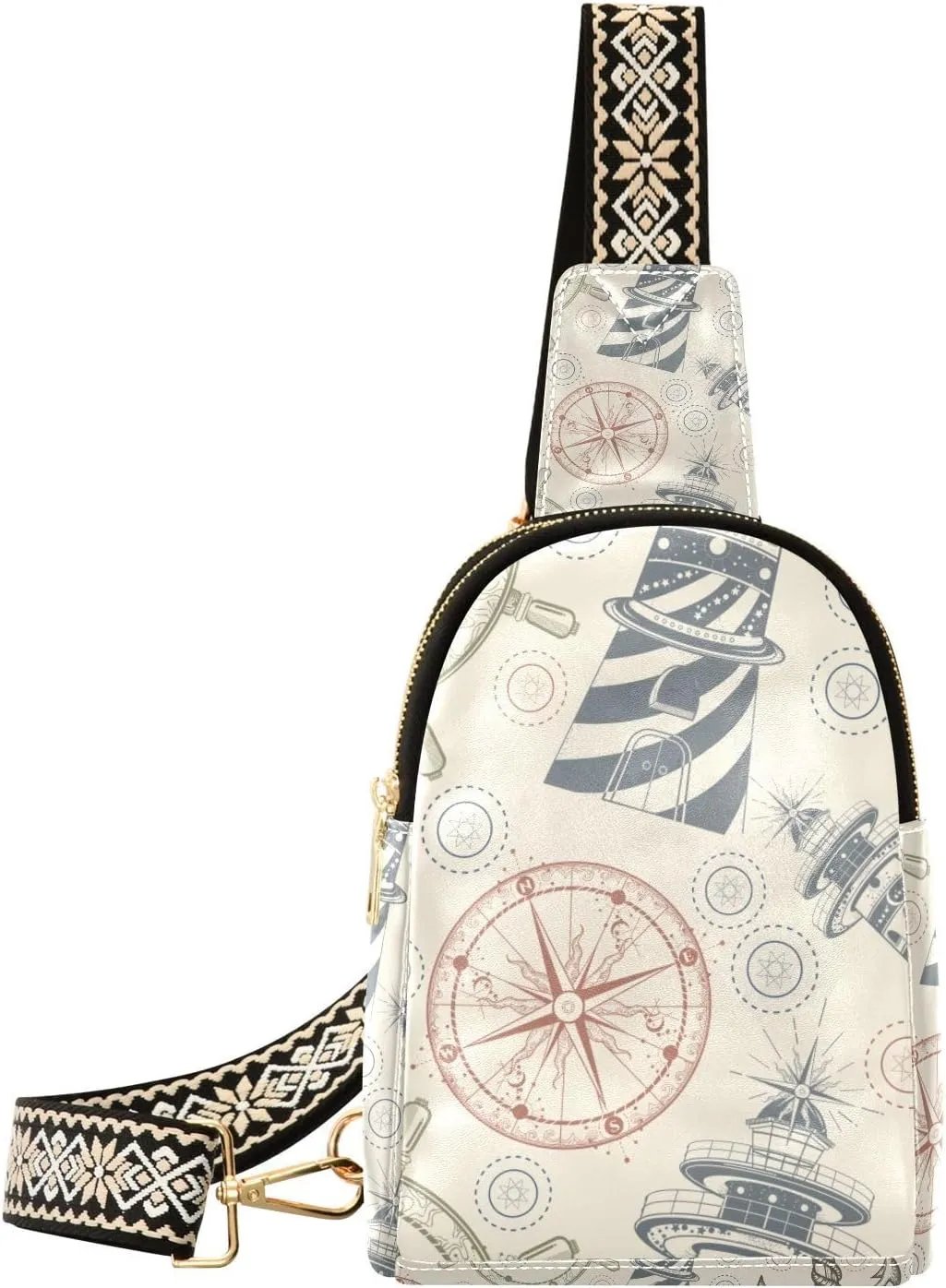 Small Sling Bag Vintage Anchor Compass Lighthouse Crossbody Bag PU Leather Sling Purse for Women
