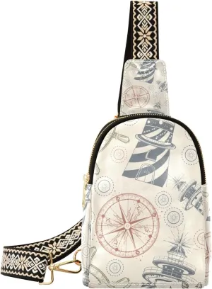 Small Sling Bag Vintage Anchor Compass Lighthouse Crossbody Bag PU Leather Sling Purse for Women