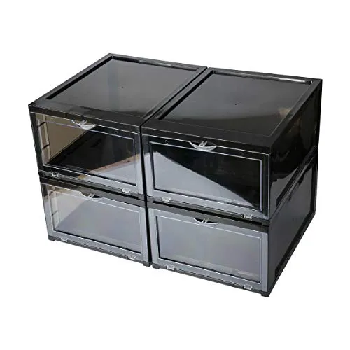 SneakNeat Sneaker Storage Container - 10-Piece Black Shoe Box Set with Drop Front - Store Up to Mens USA Size 13 Size - Stackable Organizer Stores, Protects, Displays Sneakers Collection