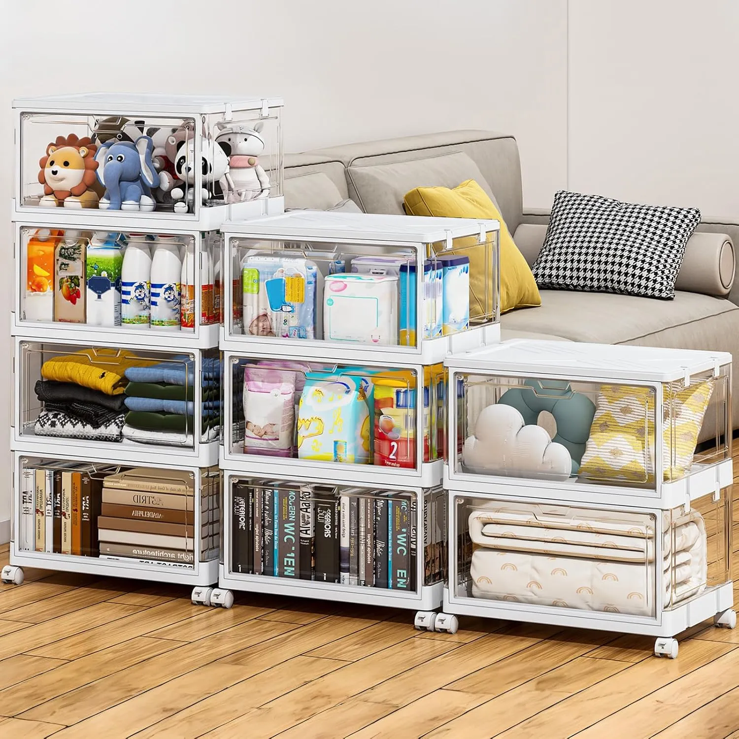 SNSLXH Clear Storage Bins with Lids & Wheels, Stackable Plastic Craft Containers, Large Closet Organizers Box for Bedrooms Living Rooms 24 QT, 4-Tiers