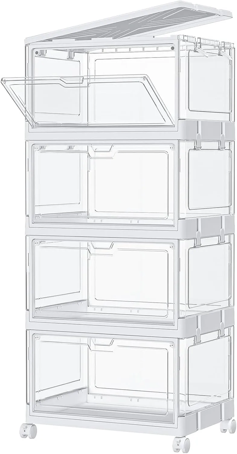 SNSLXH Clear Storage Bins with Lids & Wheels, Stackable Plastic Craft Containers, Large Closet Organizers Box for Bedrooms Living Rooms 24 QT, 4-Tiers