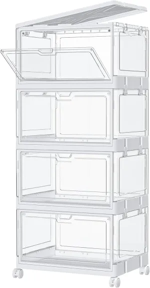 SNSLXH Clear Storage Bins with Lids & Wheels, Stackable Plastic Craft Containers, Large Closet Organizers Box for Bedrooms Living Rooms 24 QT, 4-Tiers