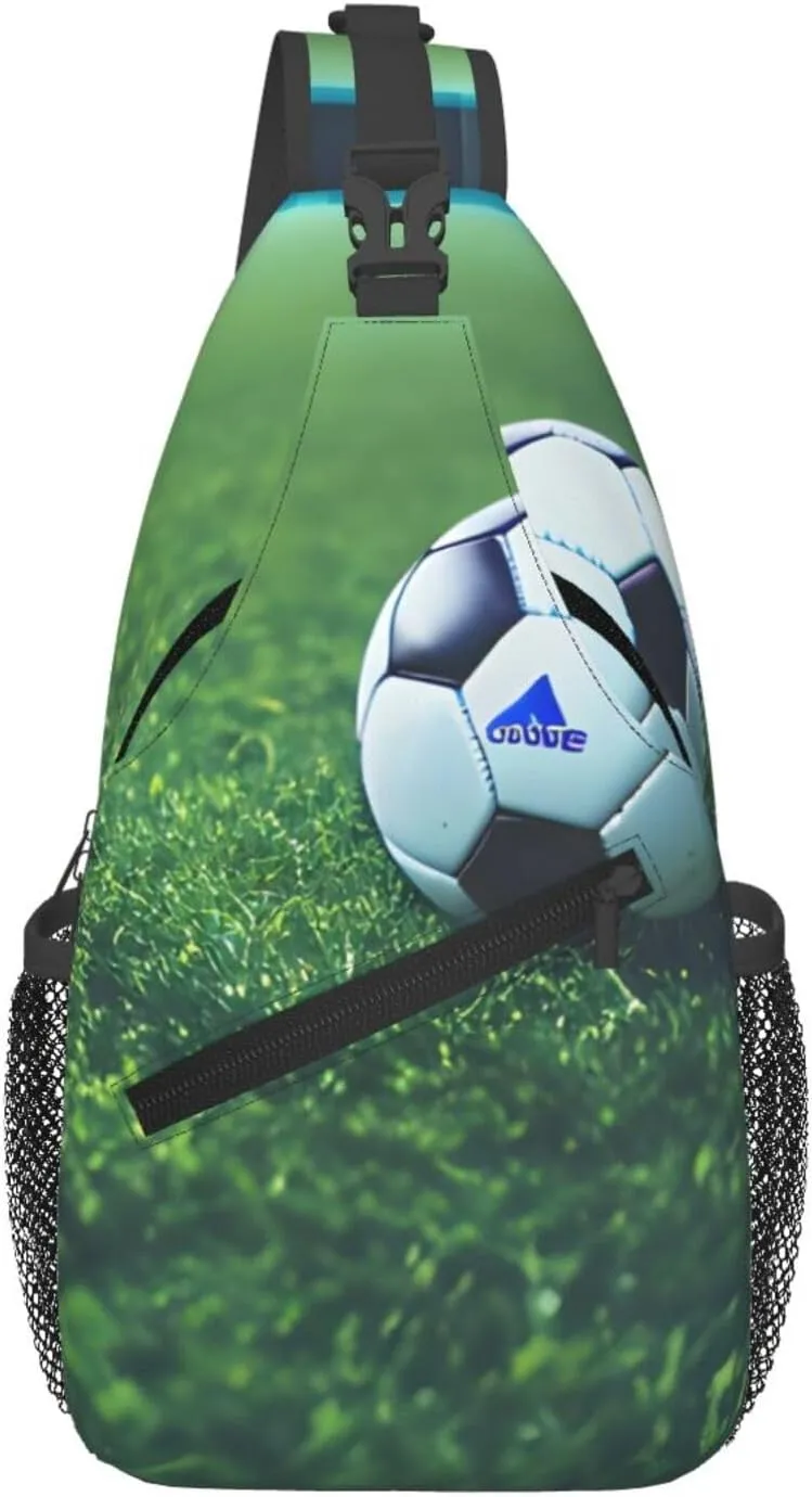 Soccer Ball On Grassy Print Sling Bag Crossbody Backpack For Women Men Hiking Travel Over The Shoulder Multipurpose Bag