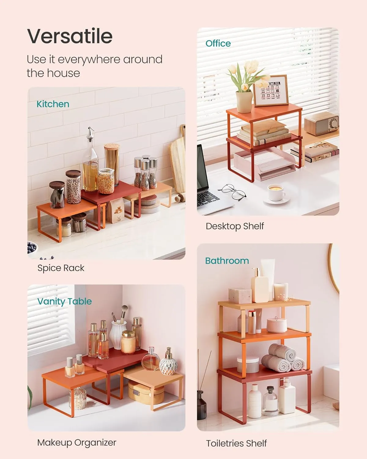 SONGMICS Cabinet Organizer Shelf, Set of 3 Kitchen Counter Shelves, Kitchen Storage, Spice Rack, Stackable, Expandable, Apricot Orange UKCS220Y01