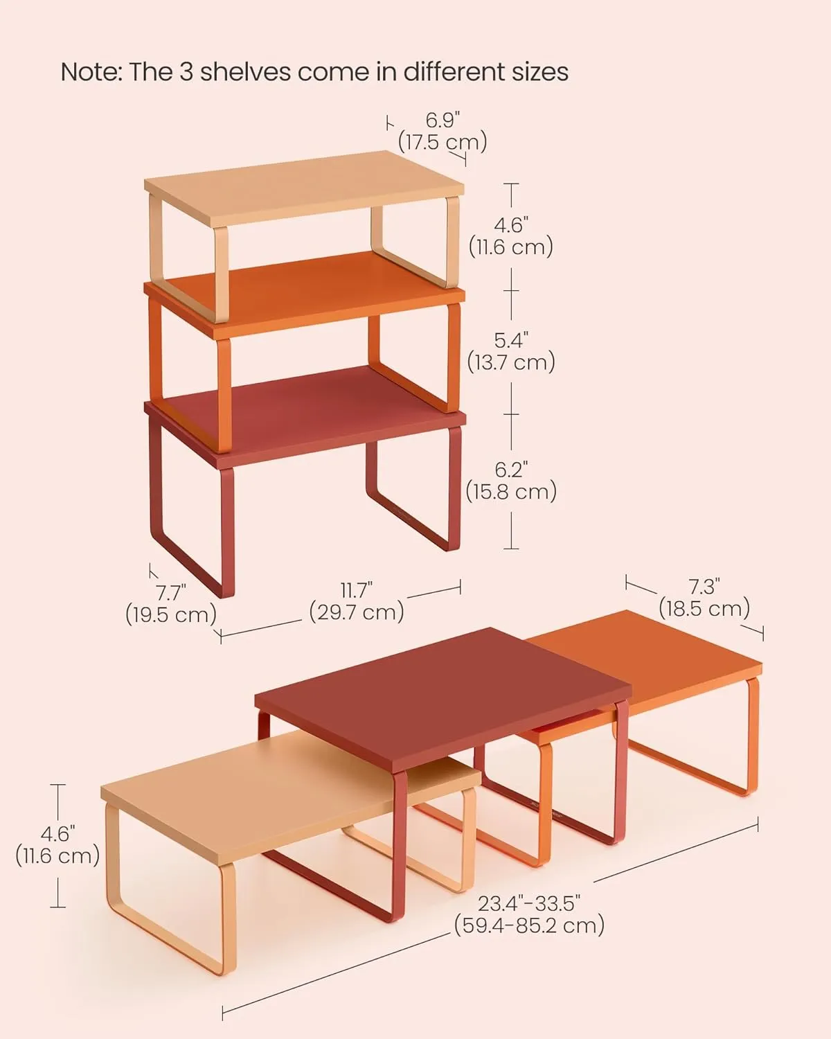 SONGMICS Cabinet Organizer Shelf, Set of 3 Kitchen Counter Shelves, Kitchen Storage, Spice Rack, Stackable, Expandable, Apricot Orange UKCS220Y01
