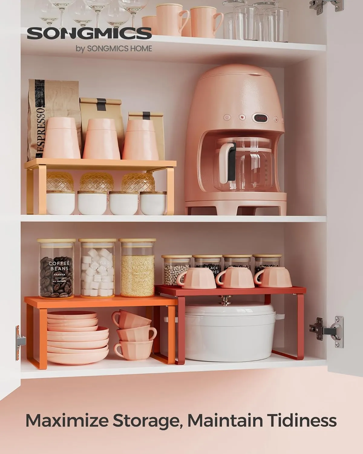 SONGMICS Cabinet Organizer Shelf, Set of 3 Kitchen Counter Shelves, Kitchen Storage, Spice Rack, Stackable, Expandable, Apricot Orange UKCS220Y01