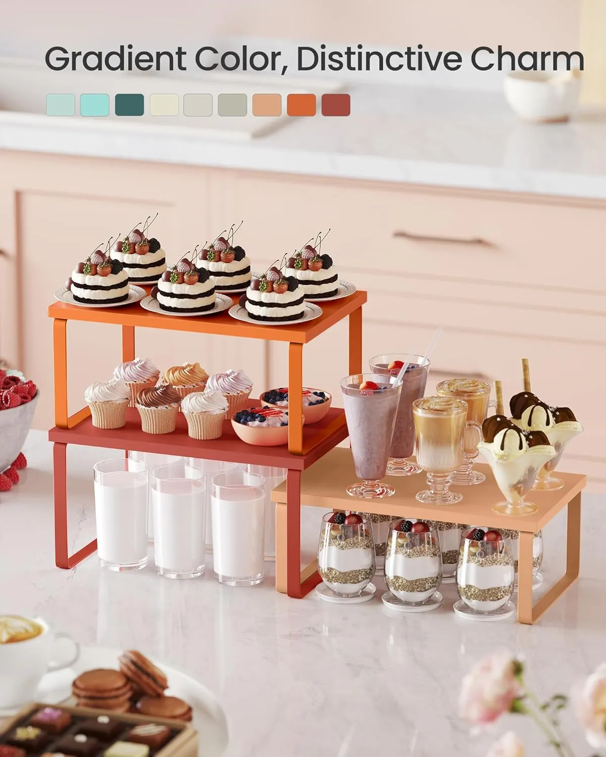 SONGMICS Cabinet Organizer Shelf, Set of 3 Kitchen Counter Shelves, Kitchen Storage, Spice Rack, Stackable, Expandable, Apricot Orange UKCS220Y01