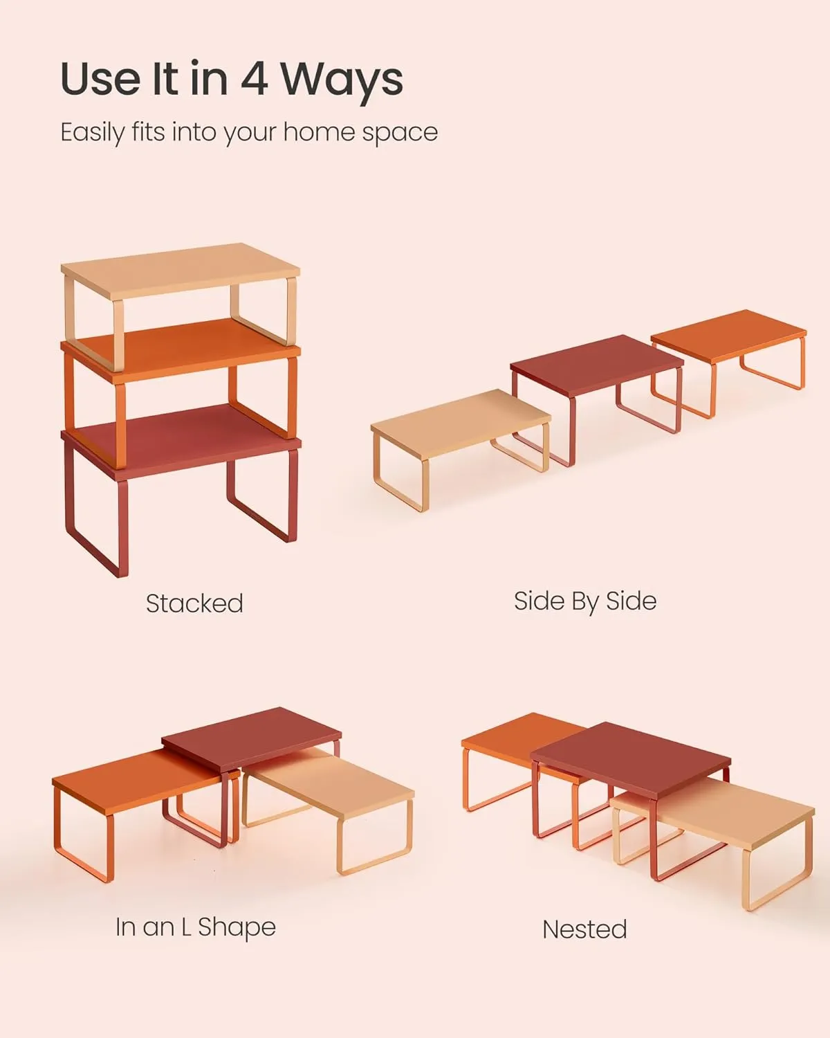 SONGMICS Cabinet Organizer Shelf, Set of 3 Kitchen Counter Shelves, Kitchen Storage, Spice Rack, Stackable, Expandable, Apricot Orange UKCS220Y01