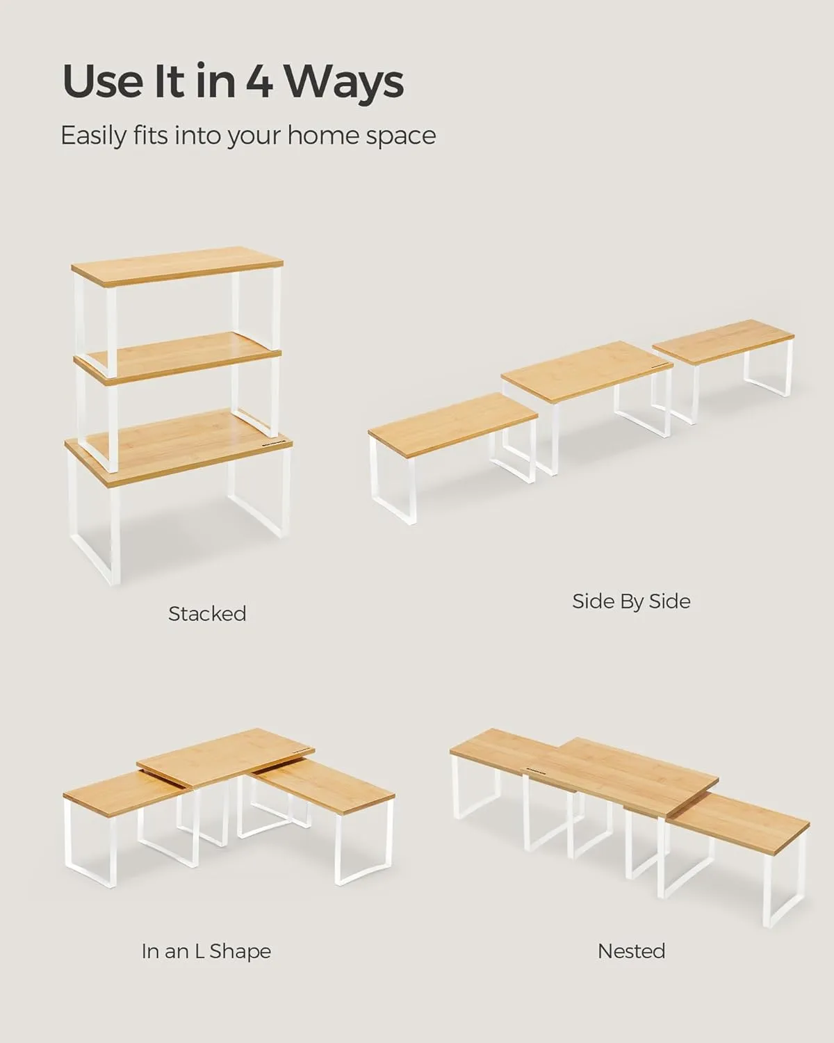 SONGMICS Cabinet Organizer Shelf, Set of 3 Kitchen Counter Shelves, Kitchen Storage, Spice Rack, Stackable, Expandable, Cloud White and Natural Beige UKCS014W01