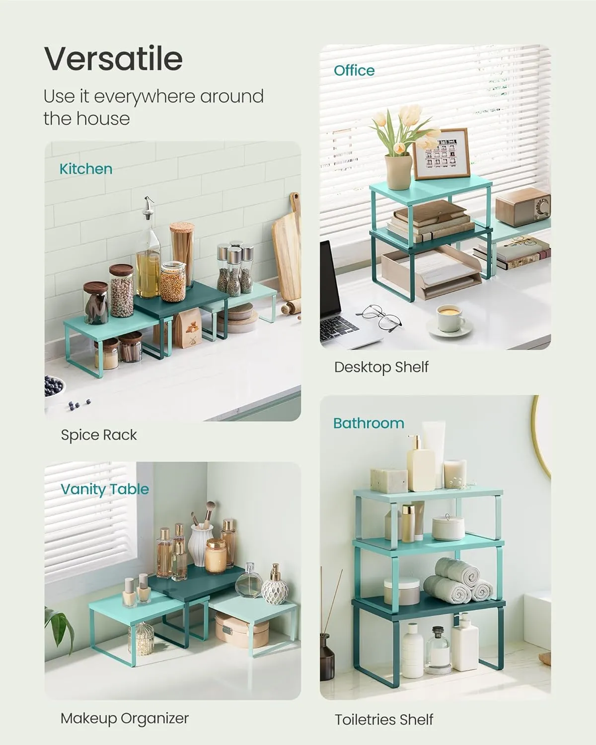 SONGMICS Cabinet Organizer Shelf, Set of 3 Kitchen Counter Shelves, Kitchen Storage, Spice Rack, Stackable, Expandable, Ivy Green UKCS220C01